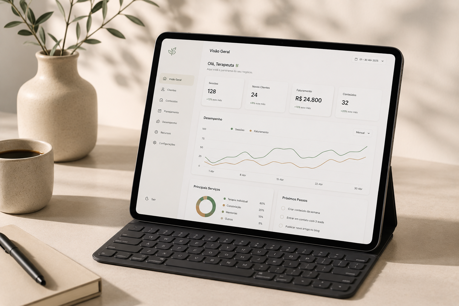 Tablet exibindo a interface da plataforma
