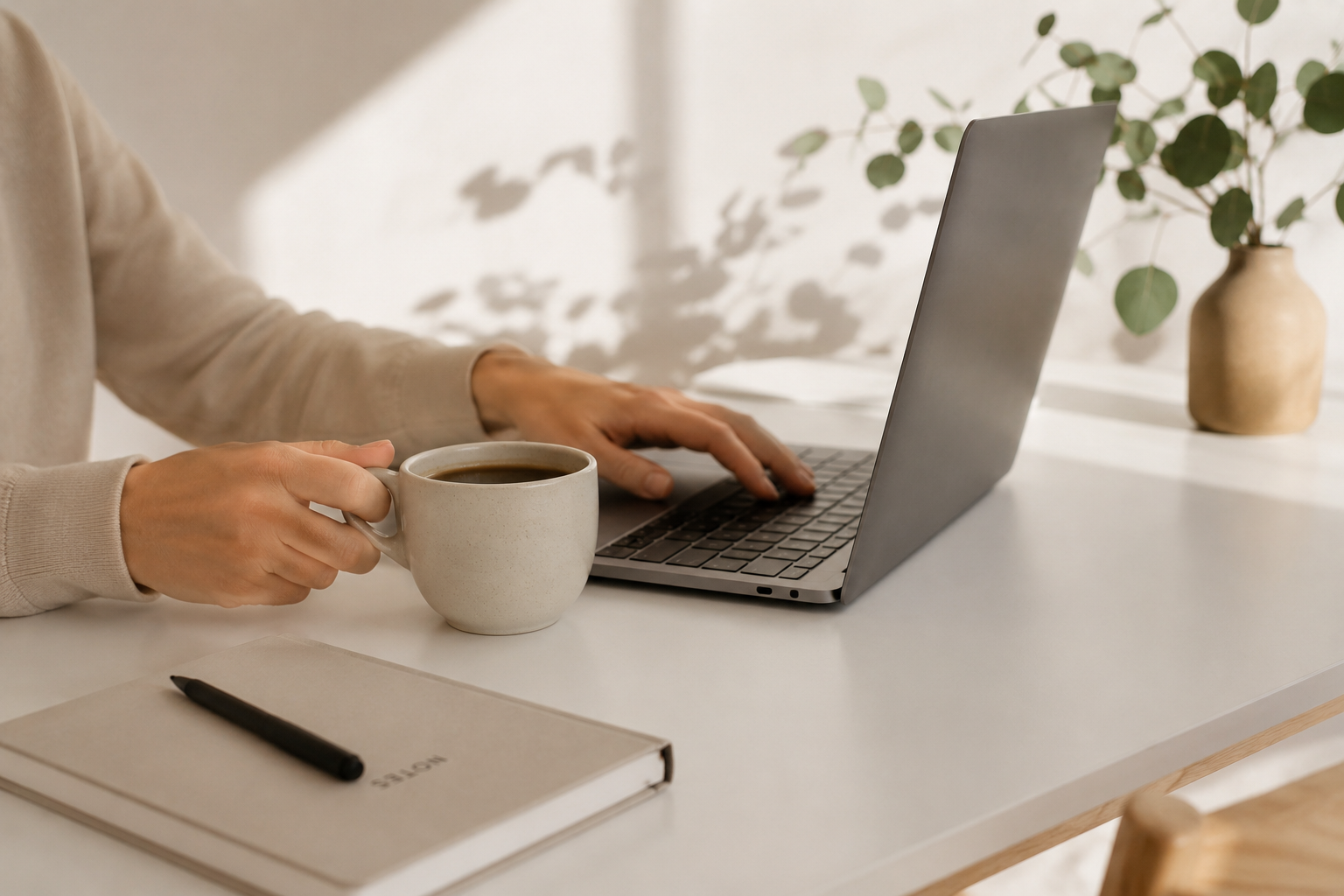 Mãos trabalhando no notebook em ambiente minimalista