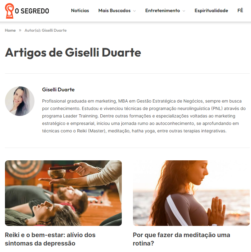 Perfil de autora de Giselli Duarte no portal O Segredo