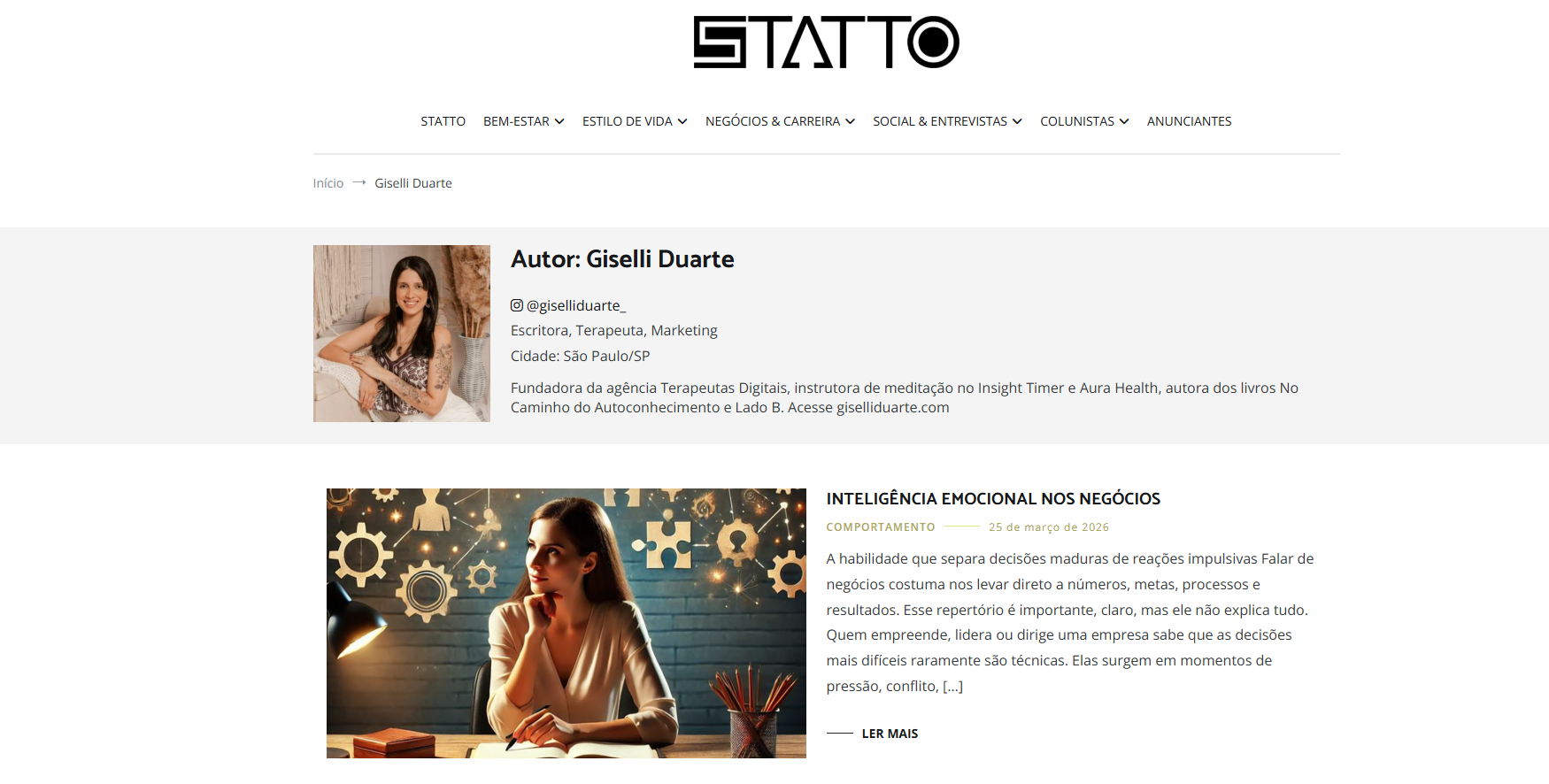 Perfil de Giselli Duarte como colunista na Revista Statto