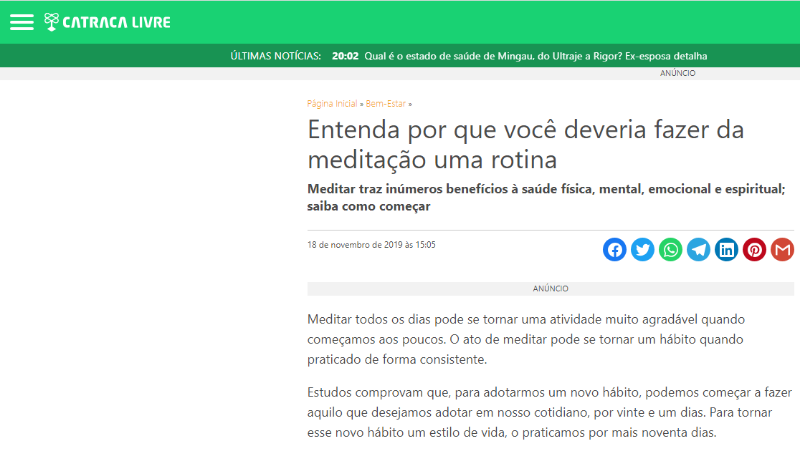 Publicação no Catraca Livre sobre meditação e alívio da ansiedade