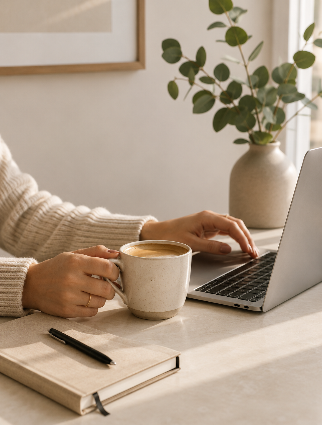 Pessoa trabalhando com notebook e café em mesa clara