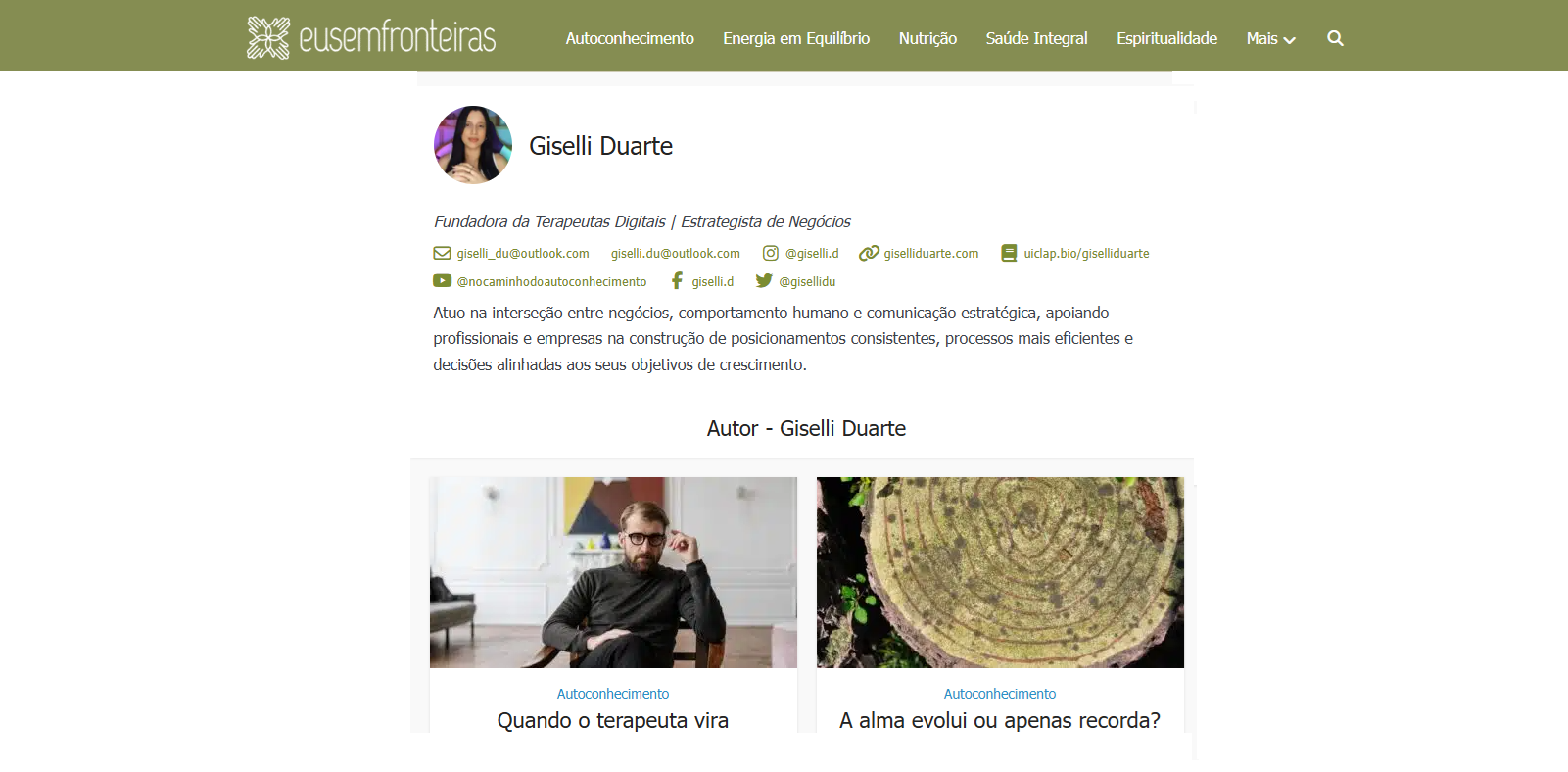 Perfil de Giselli Duarte como colunista no portal Eu Sem Fronteiras