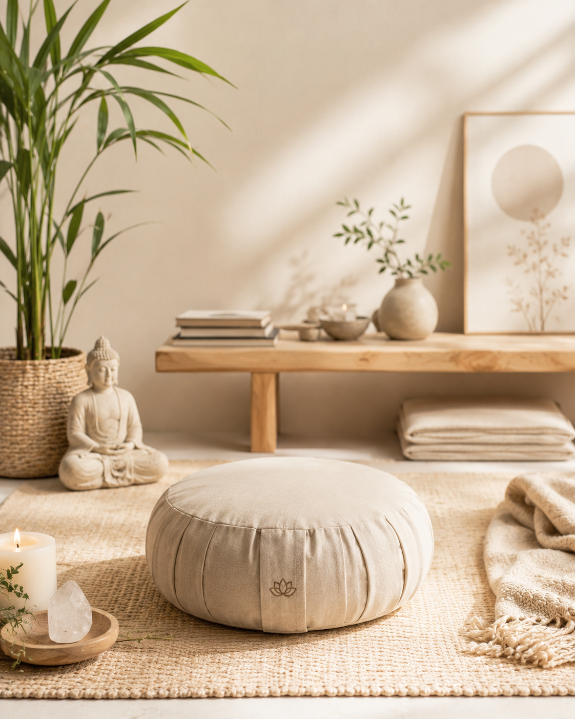 Zafu de meditação em estúdio clean com iluminação natural.