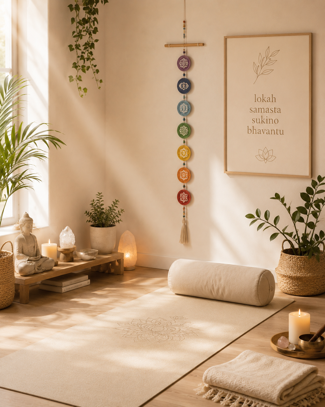 Tapete de yoga em estúdio acolhedor com elementos naturais.